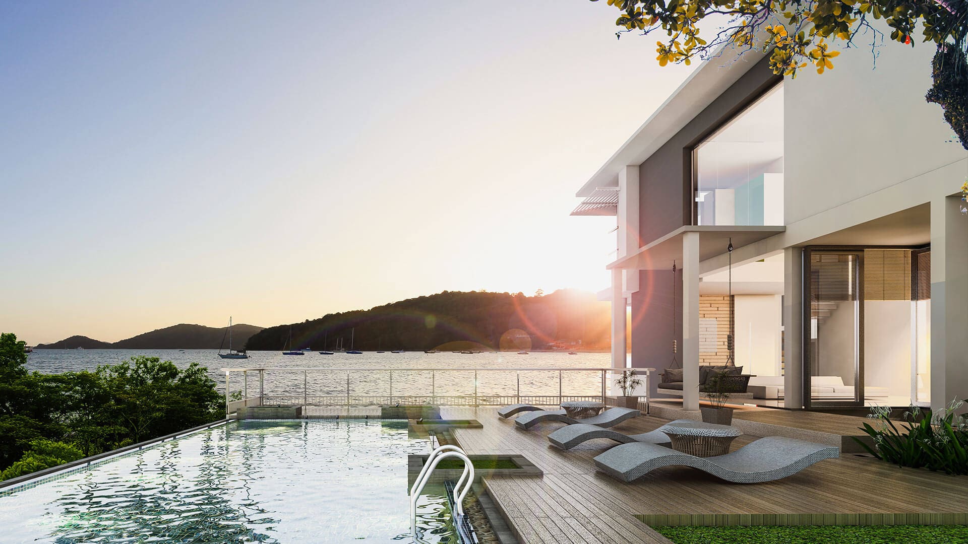 couché de soleil sur une terrasse avec piscine
