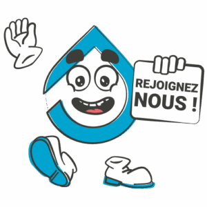 Mascotte Hydro avec une pancarte "Rejoignez-nous"